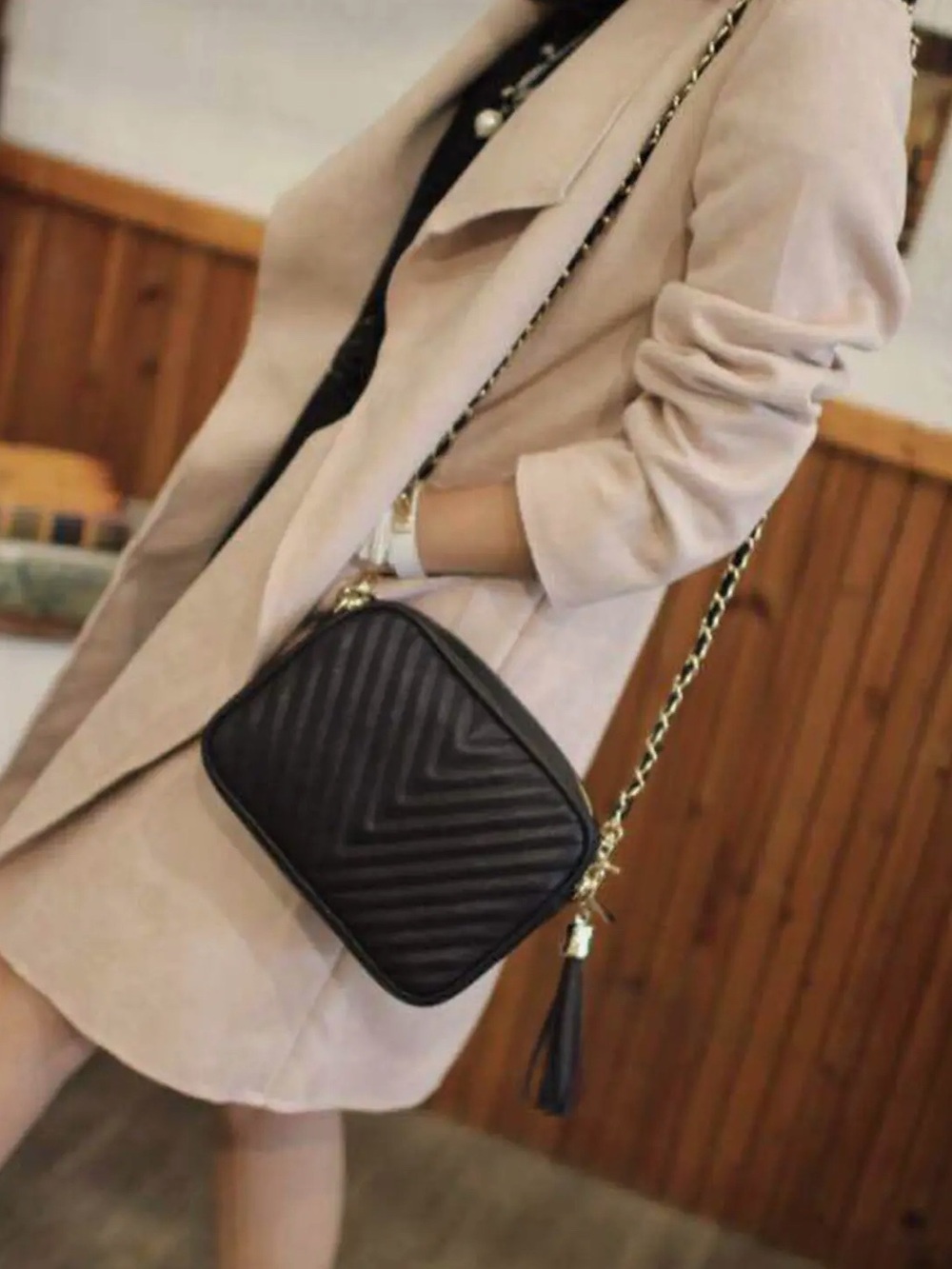 Classic Black Quilted Crossbody Bag with Gold Chain